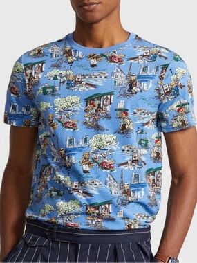 RALPH LAUREN Polo Bear Paris Print Graphic Tee Blue Custom Slim Fit M